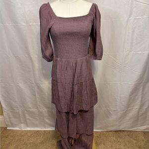Kings Road Mauve Smocked Tiered Maxi Dress PM Petite Medium Boho